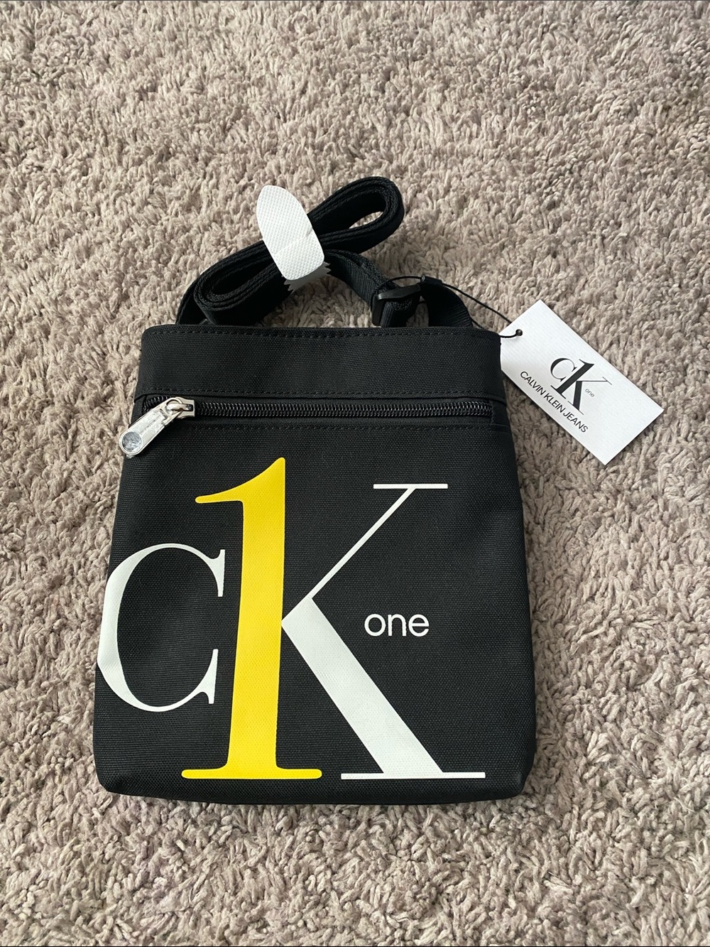 NWT Calvin Klein Jeans Black CK One Yellow Accent Messenger Bag